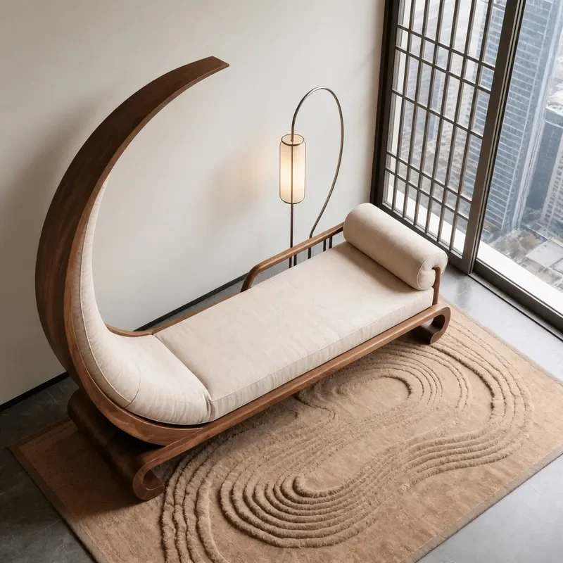 New Chinese Style North American Black Walnut Crescent Chair Beige Cotton Linen Leisure Chair Customization