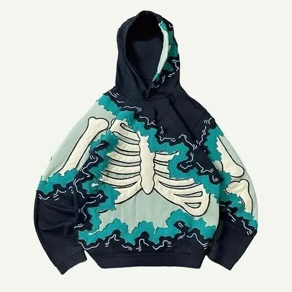 Trendy American Ins Youth Trend Flame Skeleton 3d Printed Velvet Sweatshirt Boys Y2K Street Hip-hop Trend Pullover Hoodie Tops