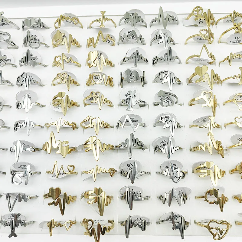 20pcs/Lot Wholesale Fashion Heart Lightning Stainless Steel Finger Rings for Women Men Mix Style Hollow Love Jewelry Party Girl