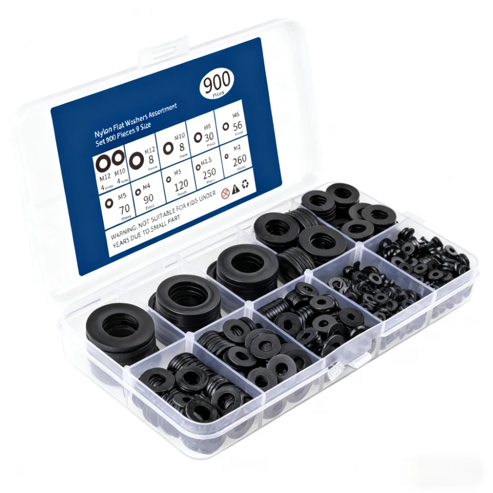 

900pcs black Nylon Flat Washer Assortment Kit M2 M2.5 M3 M4 M5 M6M8M10M12 sealing Spacer Insulation Gasket Ring shims for screws