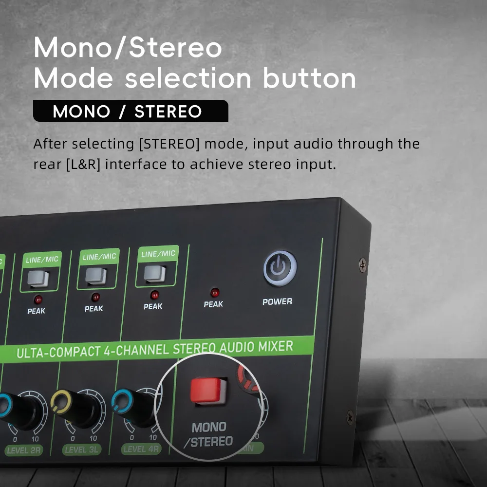 4-Kanal-Audiomischer, Mikrofon, geräuscharmer Mono-Stereo-Line-Mixer, LINE/MIC-Modus, Umschaltung für kabelgebundene Mikrofone, elektronisches Klavier