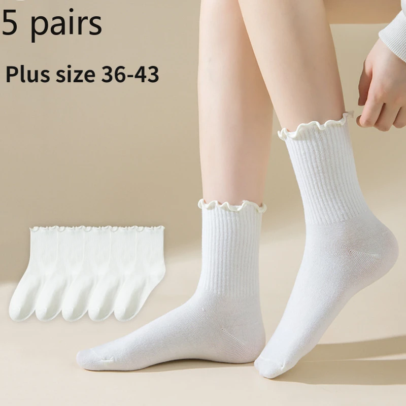 5 Pairs Women Socks Solid White Breathable Comfortable Fashion Korean Style  Paired Ruffle Socks  Paired with Loafers Cute Socks