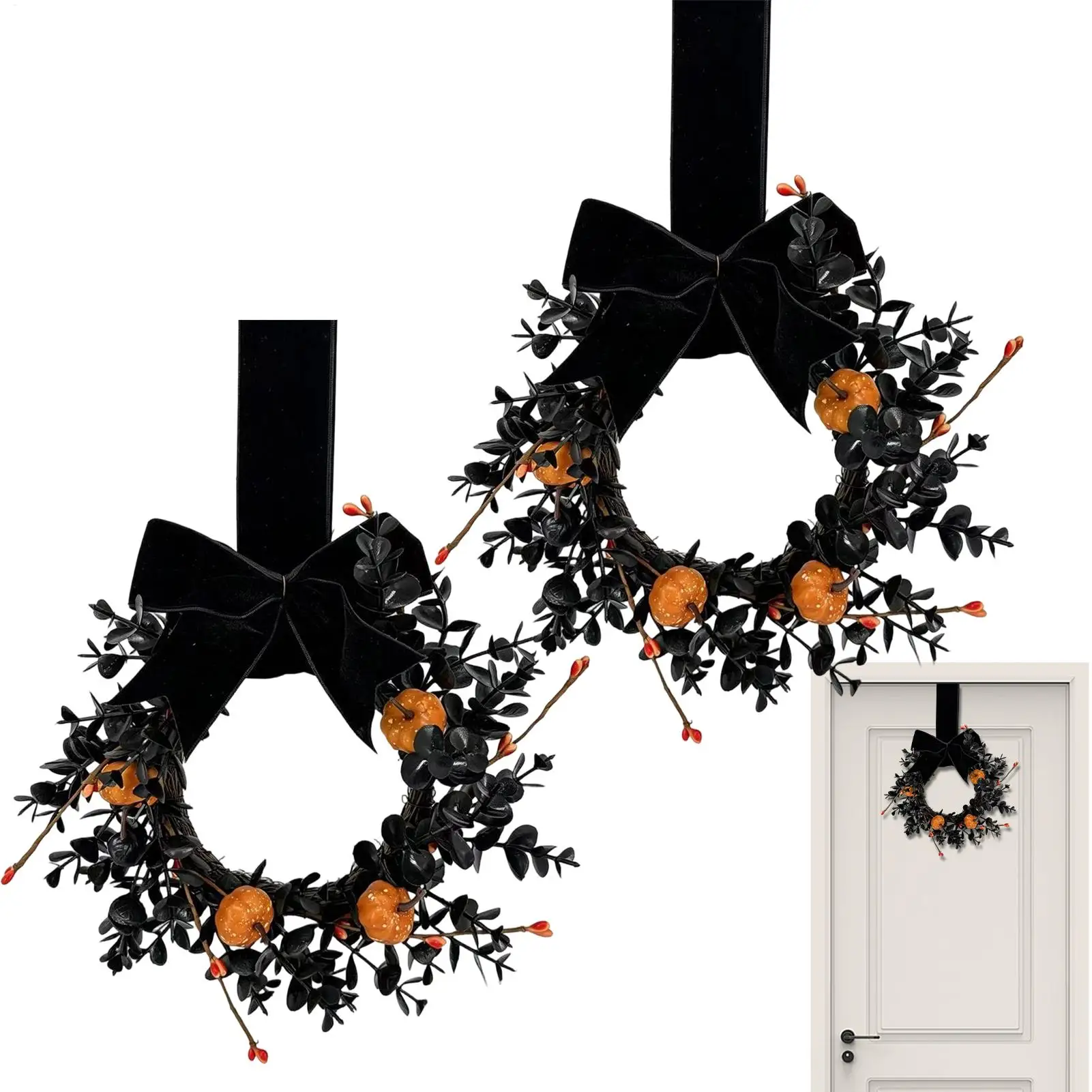 9-inch Black Halloween Wreath Spooky Wreath For Halloween Halloween Pumpkin Wreath For Front Door Autumn Decor With Black Velvet