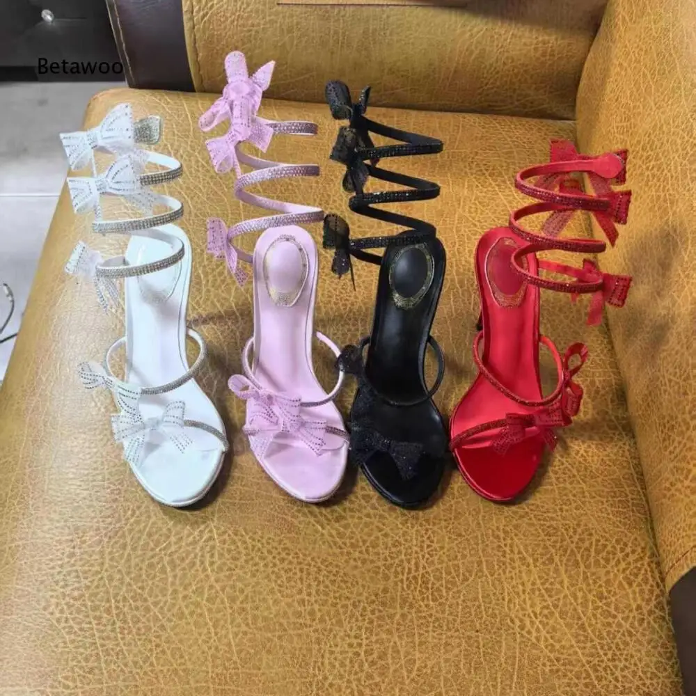 2026 Womens Open Toe Bow Knot Spiral Wrap Heeled Sandals Stiletto Heel Party and Wedding Shoes