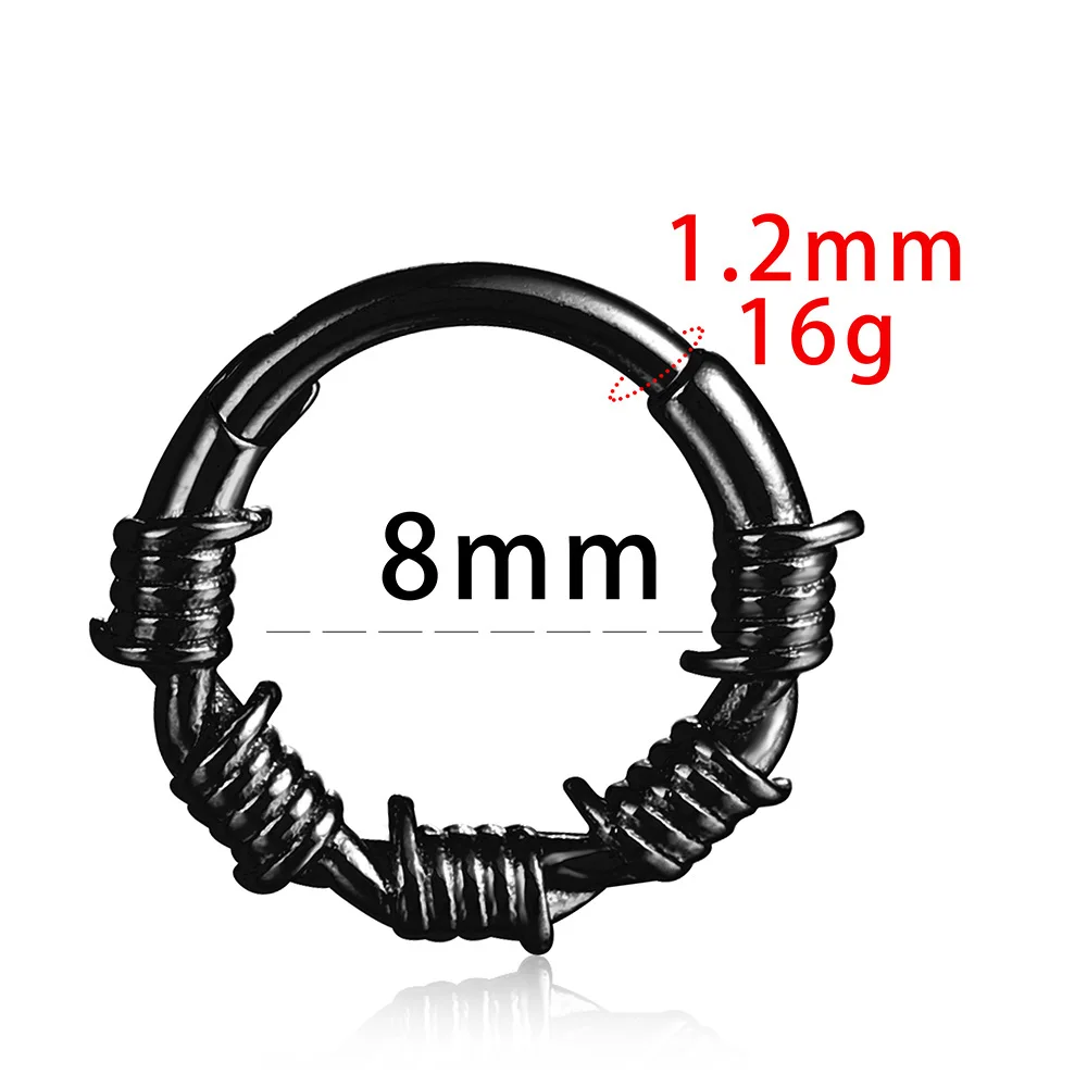 Casvort 1PCS 8mm Stainless  Barbed Wire Nose Rings Septum Hinged Clip Cartilage 16g Hoop Earrings Piercing Jewelry Chic Wild