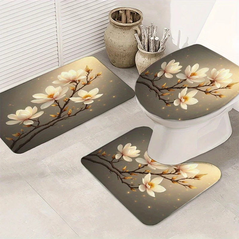 

Elegant White Flower 3pc Bath Set – Toilet Lid Cover, U Mat & Floor Rug, Soft Contour Design for Upscale Bathroom Decor