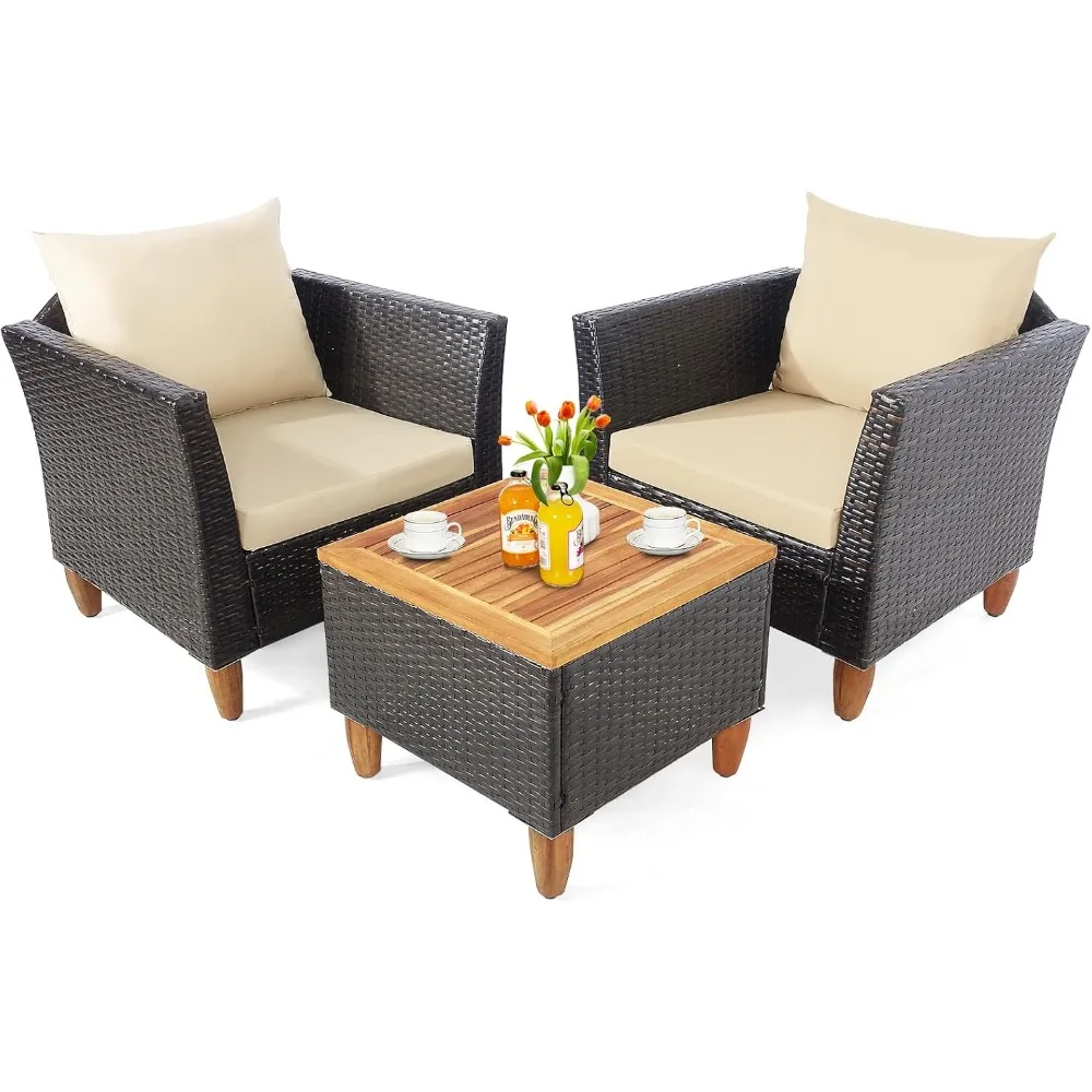 

Three piece courtyard furniture set, outdoor PE willow bar set, with soft cushions and solid rosewood