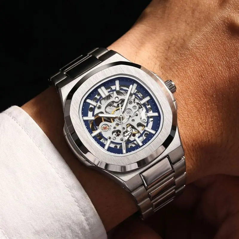 Men Watch Fully Automatic Mechanical Male Watches Double Sided Hollowed Out Luminous Waterproof Alloy Steel Wristwatch Boy Gifts