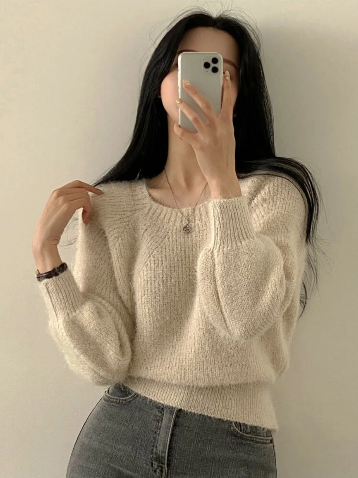 

Fce Knit Sweater Thiened Lantern Sve Overhead Pure Color V-ne Sexy New Arrival Autumn Winter Women's Faion