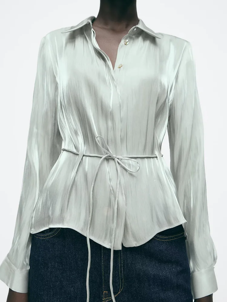 

Spring New Arrival Women's irt ZA2025 Long Sve Stand Collar Slimming Fla Effect Waist Corduroy Commute Sle Pure Color