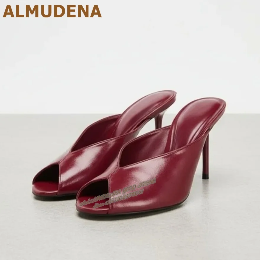 

ALMUDENA Wine Red Matte Thin High Heel Mules Open Toe Slip-On Burgundy Modern Slippers Outside Elegant Dress Sandals Summer