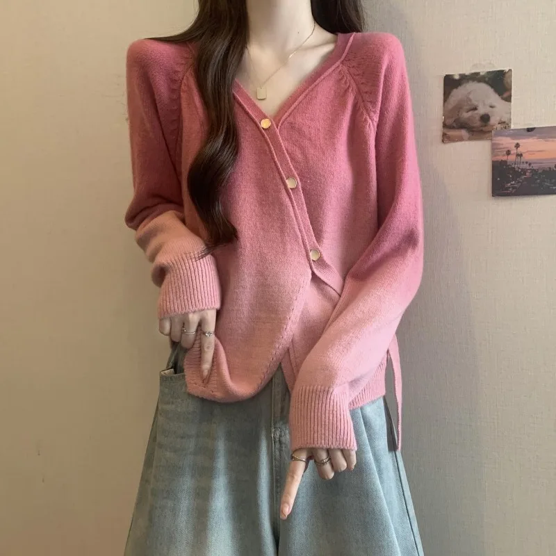 

Модный градиентный фиолетовый свитер с v-образным вырезом, женский осенний топ с нерегулярной талией, пуловер