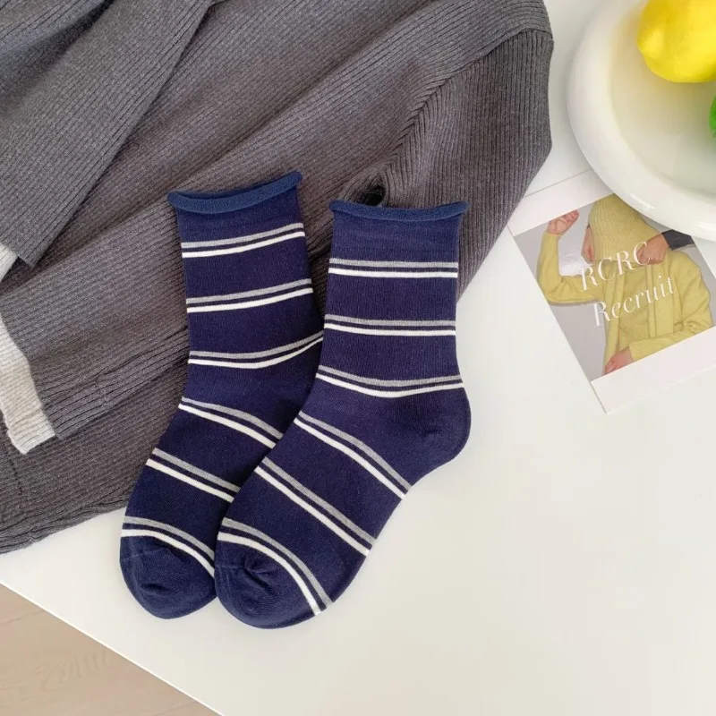 5 Pairs 2025 Fall Winter Women's Warm Socks Korean-Style Bow-Tie Striped Mid-Calf Cotton Women Socks White Socks High Quality