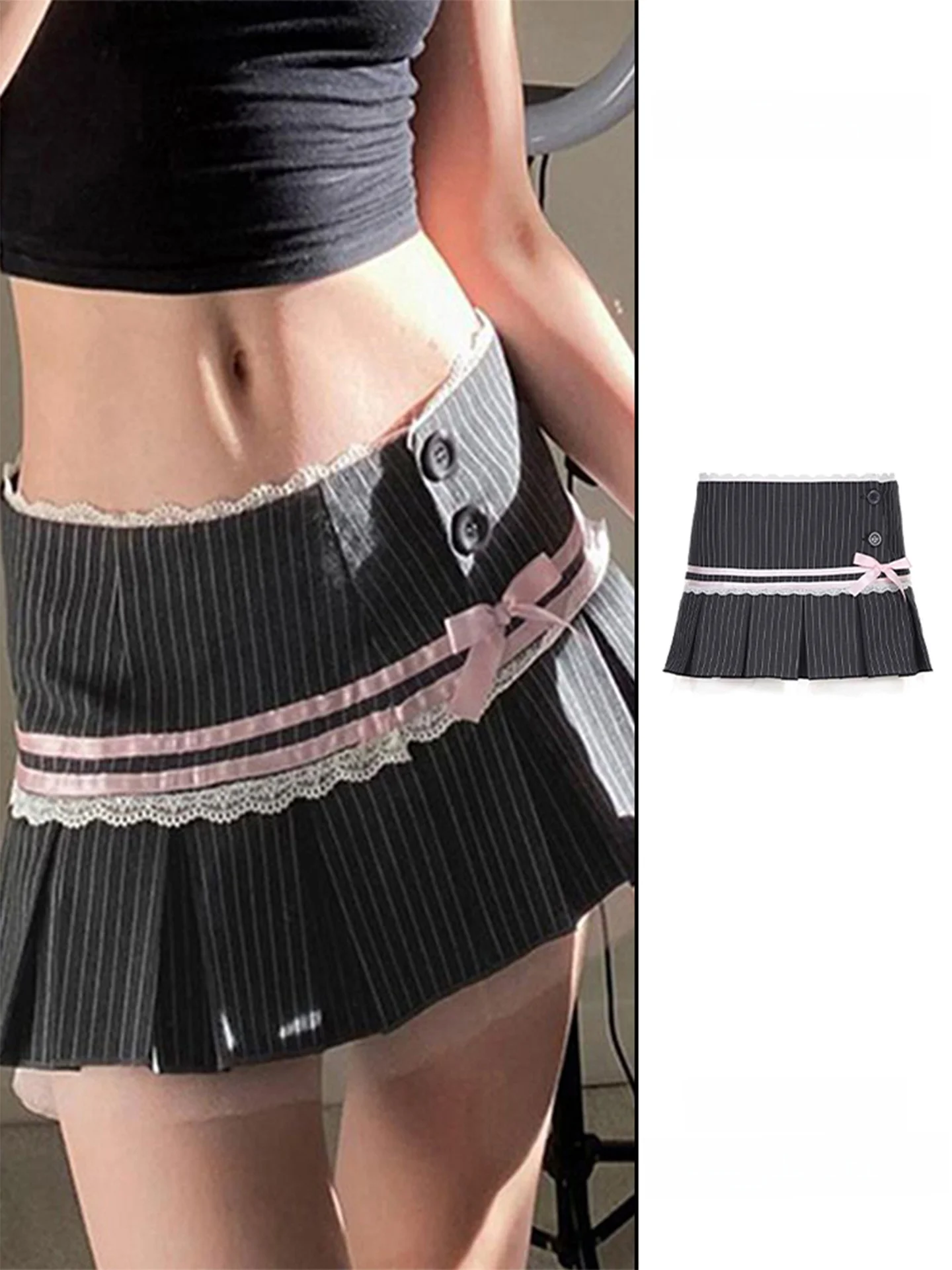 

Retro Striped Knot Lace Pleated Skirt Women's Summer Sweet Spicy Girl Suit ort Skirt A-Line Skirts High Waist