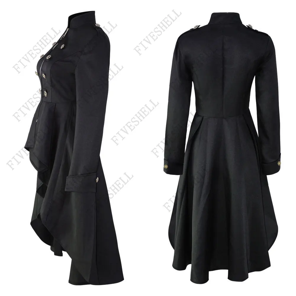 2024 Adult Women Medieval Retro Tuxedo Dress Long Trench Coat Tops Black Red Tuxedo Ladies Halloween Cosplay Costumes S-4XL