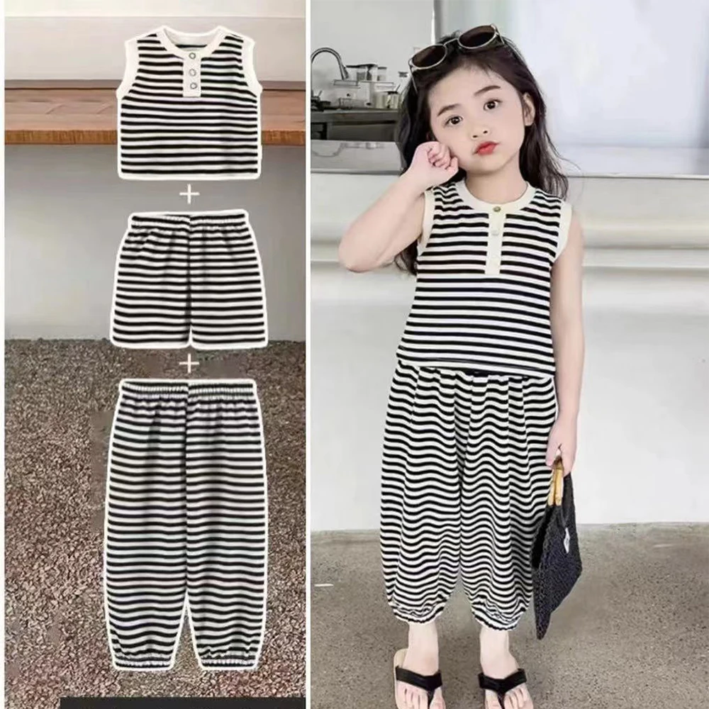 2026 Korean Children's Clothing Striped Sleeveless Top Shorts + Pants 3 Pcs Sets Toddler Girl Clothes Summer Causal Clothes