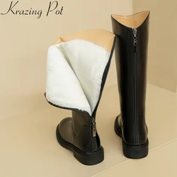 Krazing Pot Size 40 Cow Split Leather Zipper Med Heels Riding Thigh High Boots Warm Winter Shoes Casual Solid Knee-high Boots