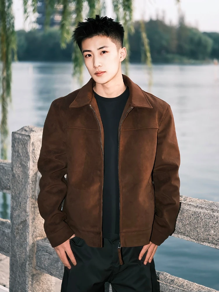 

Autumn Winter Men's Suede Jaet oulder Pad Baseball Sle Turn-down Collar Cotton Lined Retro Faion Urban Outerwear