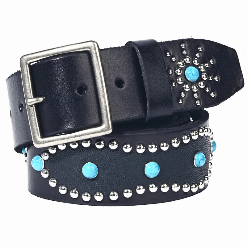 Men's Fashion 4.5cm Wide Genuine Leather Belt First Layer Cowhide Imitation Turquoise Inlay Rivet Punk Belt For Jeans