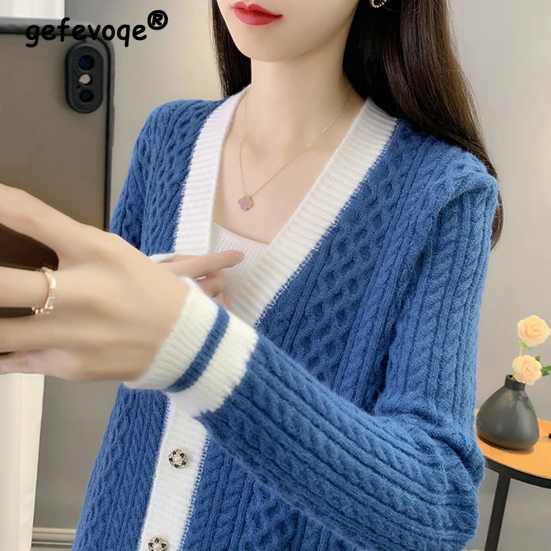 Women Korean Style Contrast Color Patchwork Single Breasted Knitted Cardigan Trendy Twists V Neck Long Sleeve Loose Sweater Coat