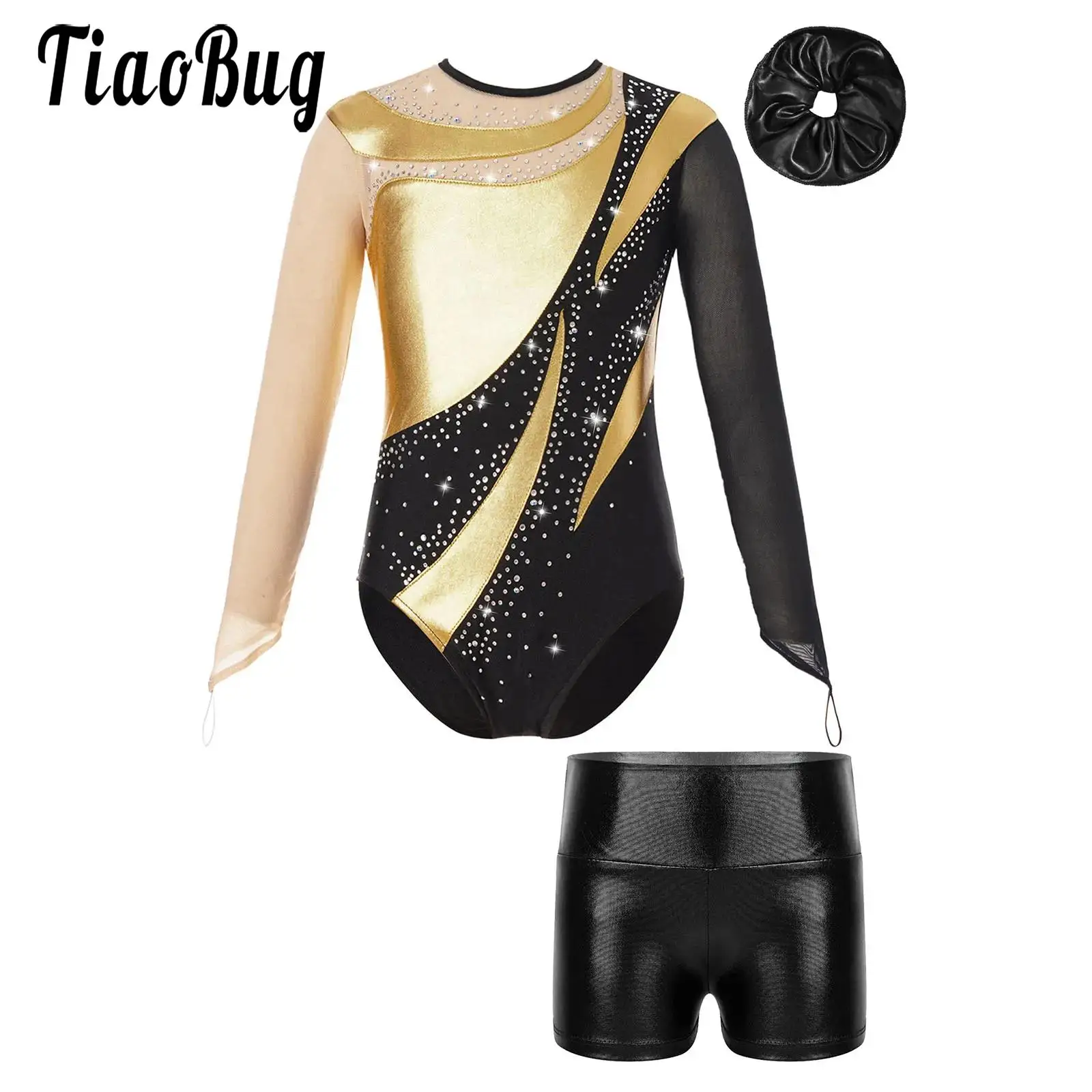 

Kids Girls Dance Leotard Outfits Dancewear Acrobatics Suit Long Sleeve Bodysuit and Shorts Figure Skating Gymnastics Performance