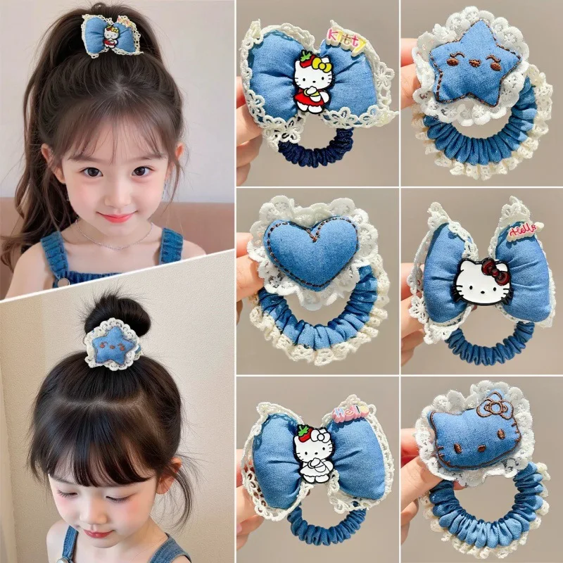 

MINISO джинсовые резинки для волос «Hello Kitty» для женщин и девочек, эластичные кружевные резинки для волос с бантом, нескользящие нежные резинки для волос, подарки на день рождения и Рождество