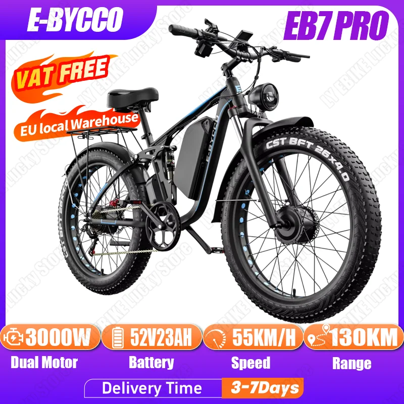 E-BYCCO EB7 PRO vélo électrique 3000W double moteur 52V23AH frein hydraulique vélo électrique 26*4.0 pouces gros pneu montagne neige Ebike