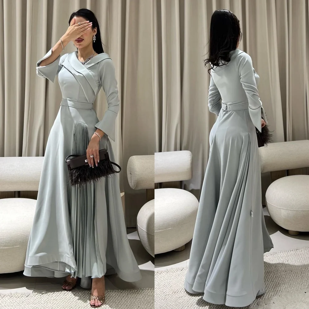 Customized Modern Style Pleat Sash Draped A-line V-neck Midi Dresses Bespoke Occasion Dresses High Quality Formal Elegant