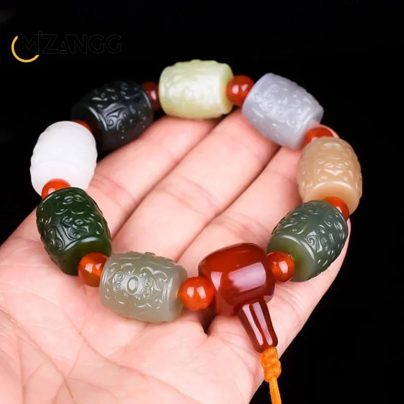 

High-grade Natural Hetian Jade Multi-treasure Bracelet Finely Carved Lutong Men's Bead String Genuine Lucky Charms Gift