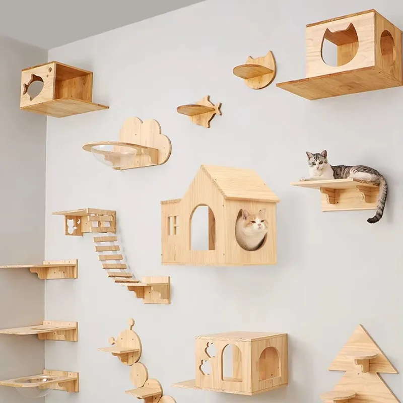 

Wholesale High Quality Solid Wood Wall Mounted Cat Scratcher Shelf Cat Hammock Wall Mounted Cat Tree Wall Climbing Frame