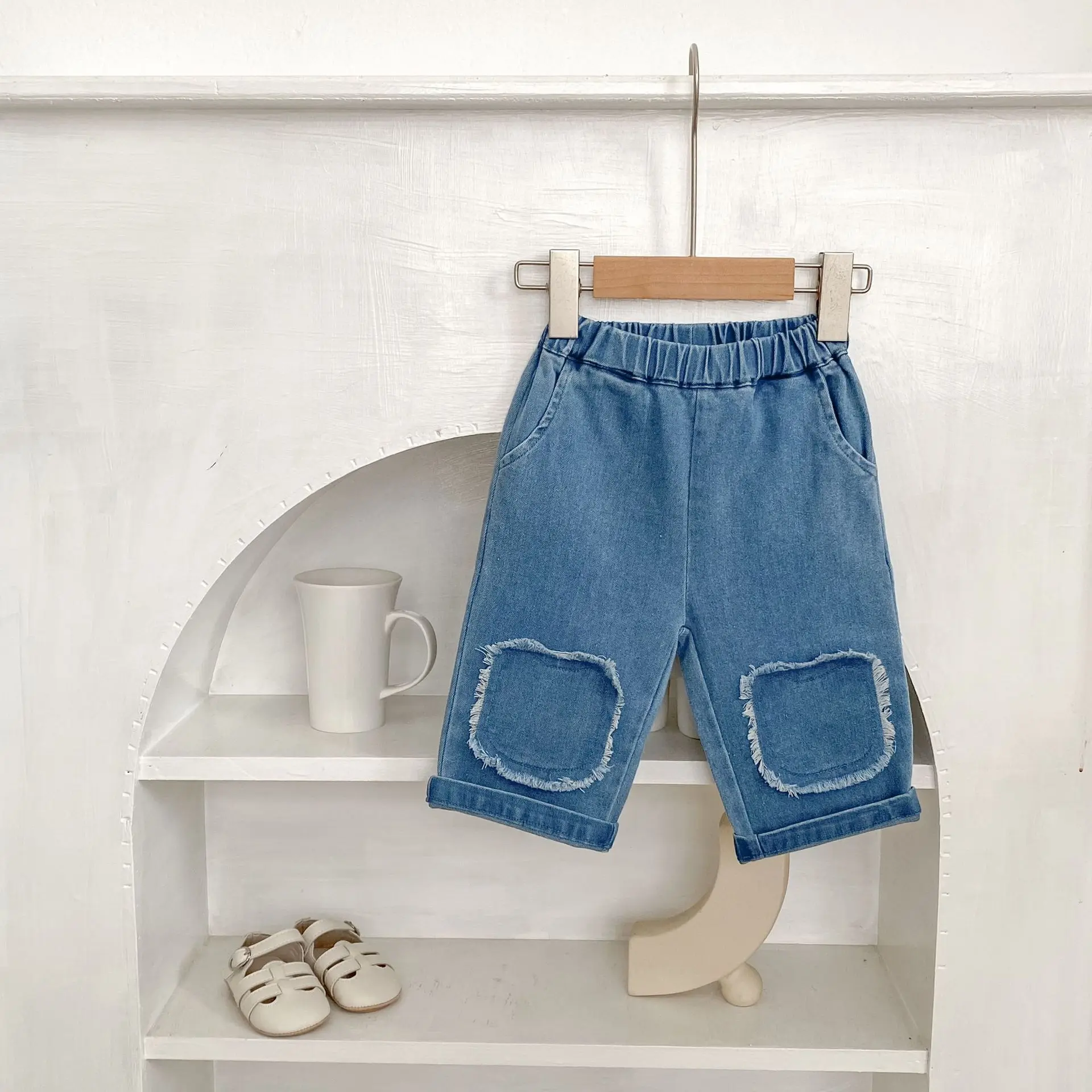 2025 Autumn Newborn Toddler Unisex Bear-Trimmed Straight Leg Denim Pants Soft Korean Style Pants for Baby 0 To 4 Years