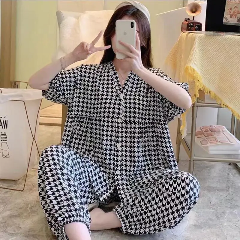 Baggy Pajama Sets Women XL-4XL Chic Lantern Sleeve Summer Elegant New Sleepwear Simple Lady Thin Breathable Ins Popular Young