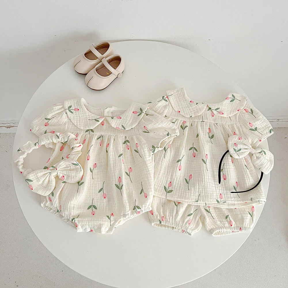 2026 Baby Short Sleeve Fart Suit Summer Jumpsuit Gauze Triangle Climbing Suit onesie Girls Tulip Set