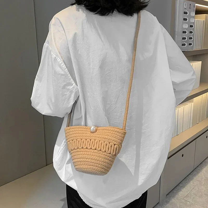 Pearl fashion mini shoulder crossbody bag forest style small bag trendy woven bag women\'s bag summer bucket beach bag