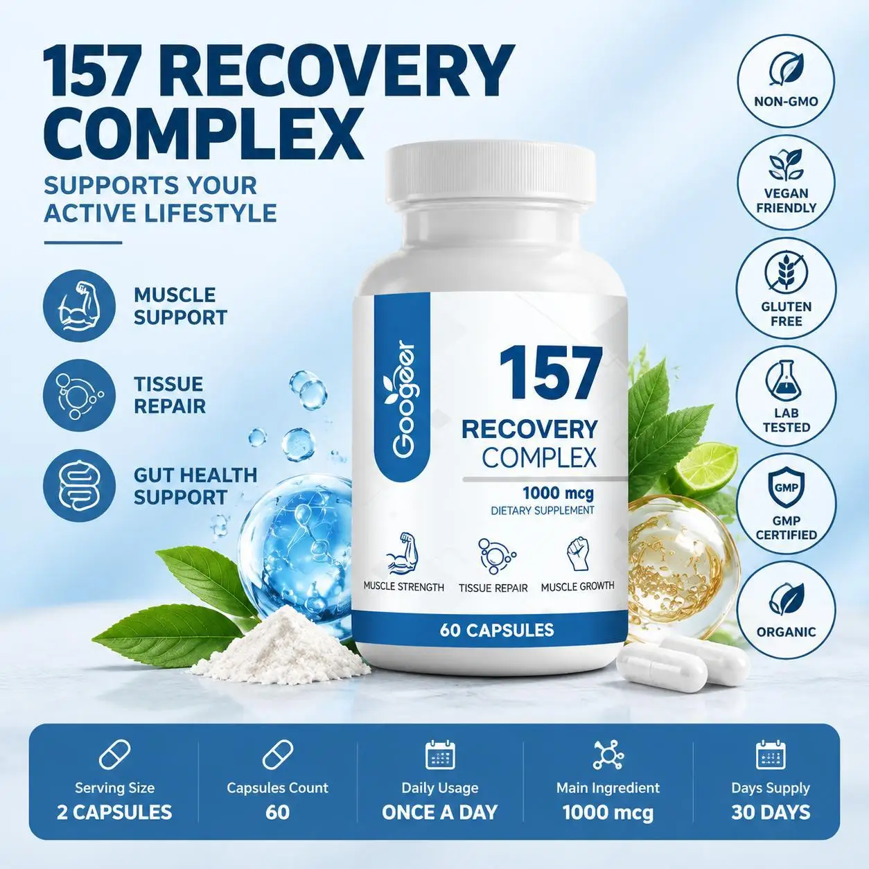 157 Recovery Complex Capsules with Amino Acid Blend L-Glutamine L-Valine L-Leucine for Muscle Recovery & Active 60 Capsules