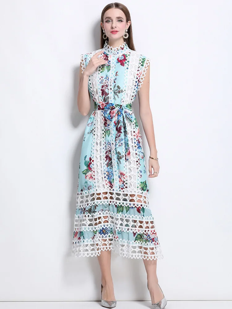 Vestido largo de verano con empalme de encaje calado, vestido largo sin mangas con cuello alto y estampado Floral con cordones y cinturón, Vestidos de fiesta sueltos, vestido largo