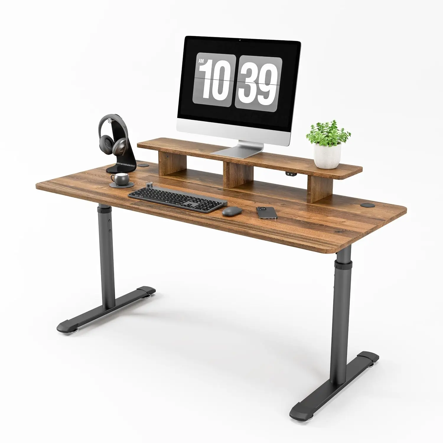 Height Adjustable Standing Desk 60 Inch with Monitor Stand LED Light & Dual Monitor Mouse Pad Home Office Brown, Customized