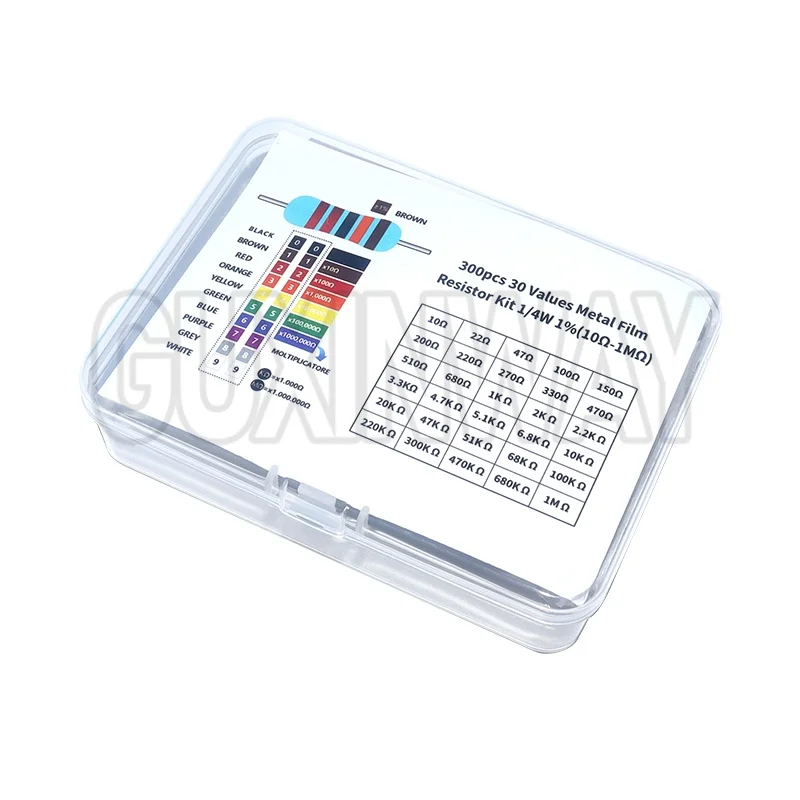 300/600 قطعة 1/4 واط طقم مقاوم من غشاء معدني 1% 30 قيم 0.25 واط مجموعة المقاومات 10Ω ~ 1MΩ طقم إلكتروني لمقاومة الحلقة الملونة #5