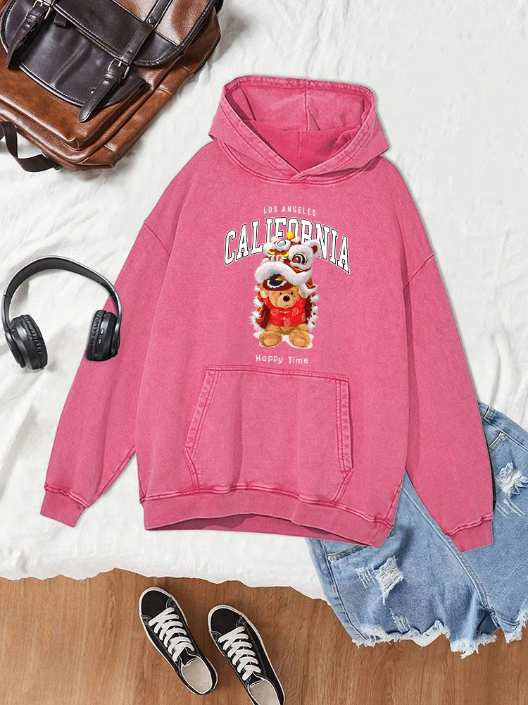 

Little Bear Dancing With Dragons Print Washed Hoodies Woman Simple Distressed Autumn Warm Tops Fashion Comfortable Cotton Hoodie