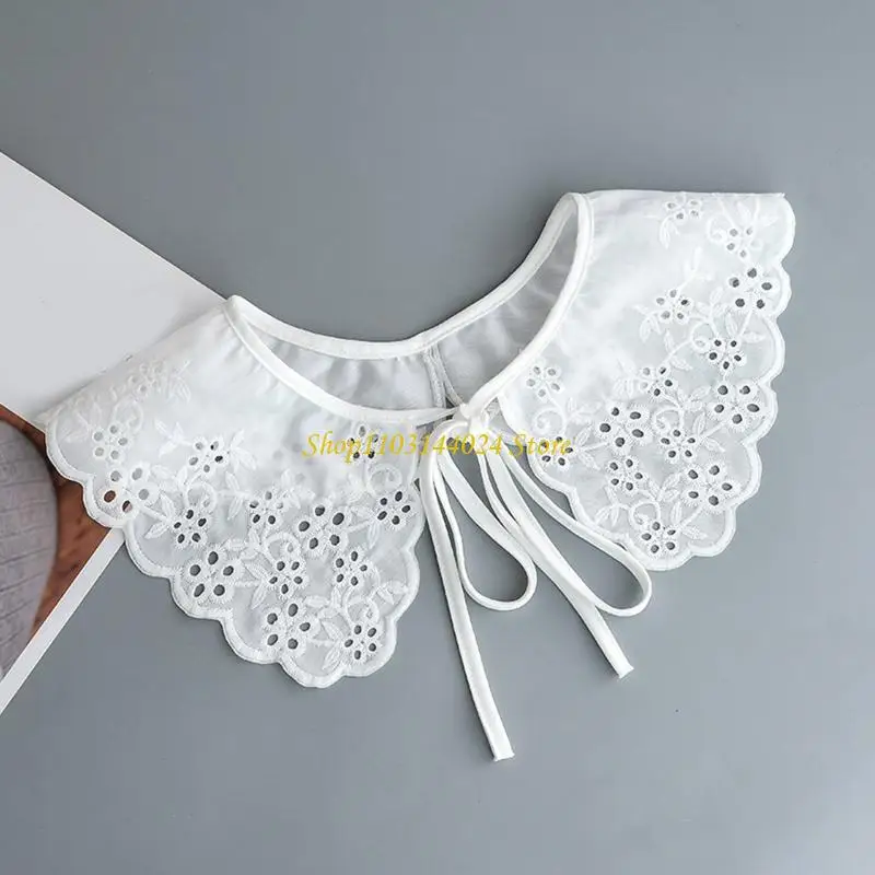 N5KE Women Sweet Girls Multifunctional Faux Collar Shawl Hollow Out Embroidery Little Floral Scarf Scalloped Trim Mini