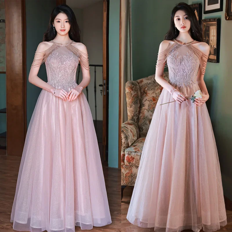 It's Yiiya Customized Evening Dress Pink Appliques Beads Halter Neck A-Line Floor-Length Plus size Woman Party Formal Gown A2758