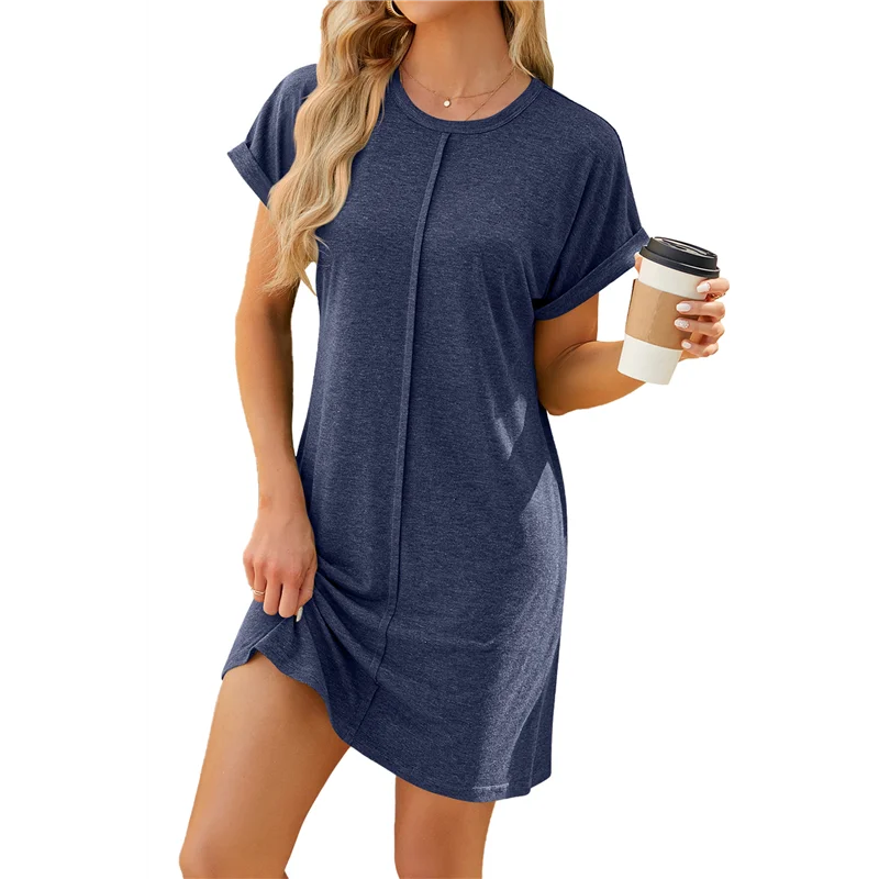 【SEE】ชุดเดรสเสื้อยืดฤดูร้อนของผู้หญิงลําลองหมวกแขนคอกลมหลวม Shift มินิเดรส