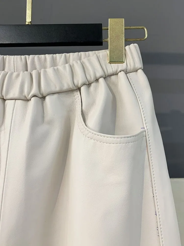 الترفيه نمط مرونة الخصر بلون جلد الغنم السراويل الموضة اليدوية جلد طبيعي السيدات جيب الكاحل طول السراويل