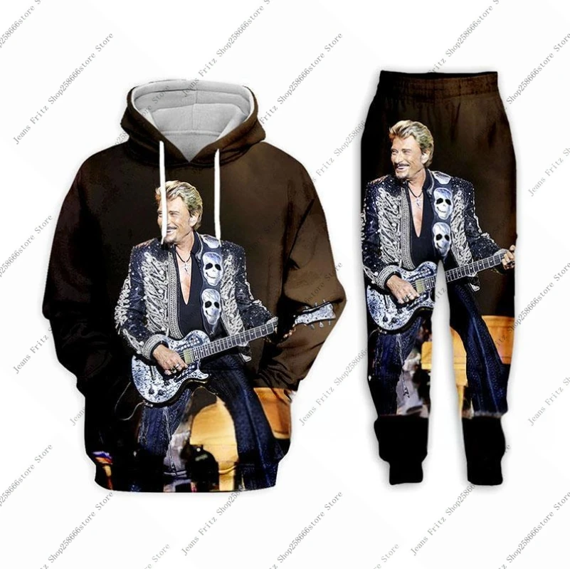 Johnny Hallyday-traje con capucha y pantalones con estampado 3d para hombre, sudadera informal, jersey, conjunto de chándal, ropa de moda para hombre, trajes de 2 uds