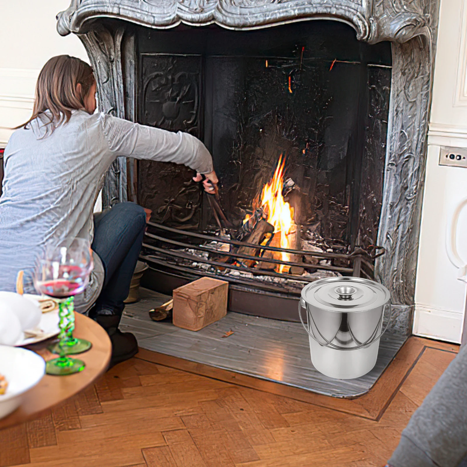 Tapa de cubo de acero inoxidable para chimenea, estufa de leña, limpieza, cubo para chimenea, incinerador de Metal de gran capacidad, gris