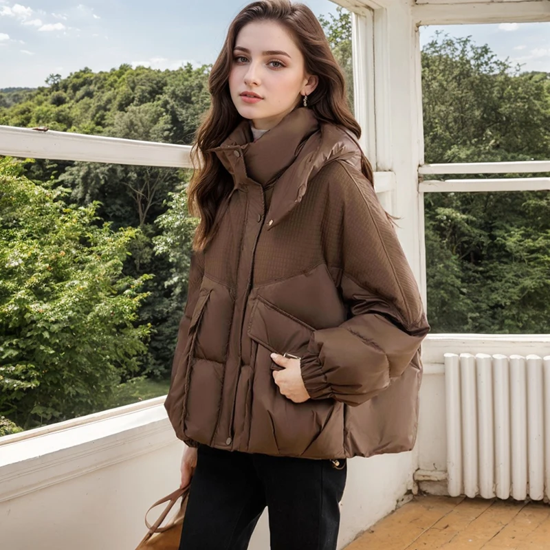 Streetwear Down Cotton Short Jacket Loose Casual Thick Warm Windproof Coat Fashion Patchwork Zipper Pocket Drawstring Coats