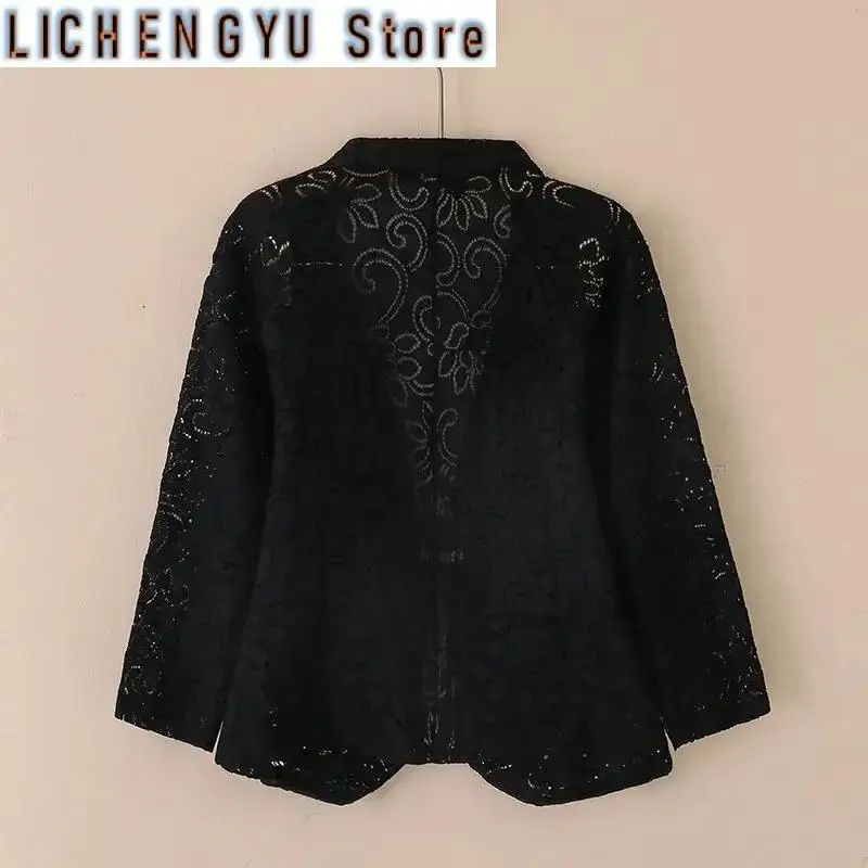 Women Blazer Jacket Spring Summer Thin Cardigan Sun Protection Clothing Hollow Lace Three-quarter Sleeve Suit Top Ladies