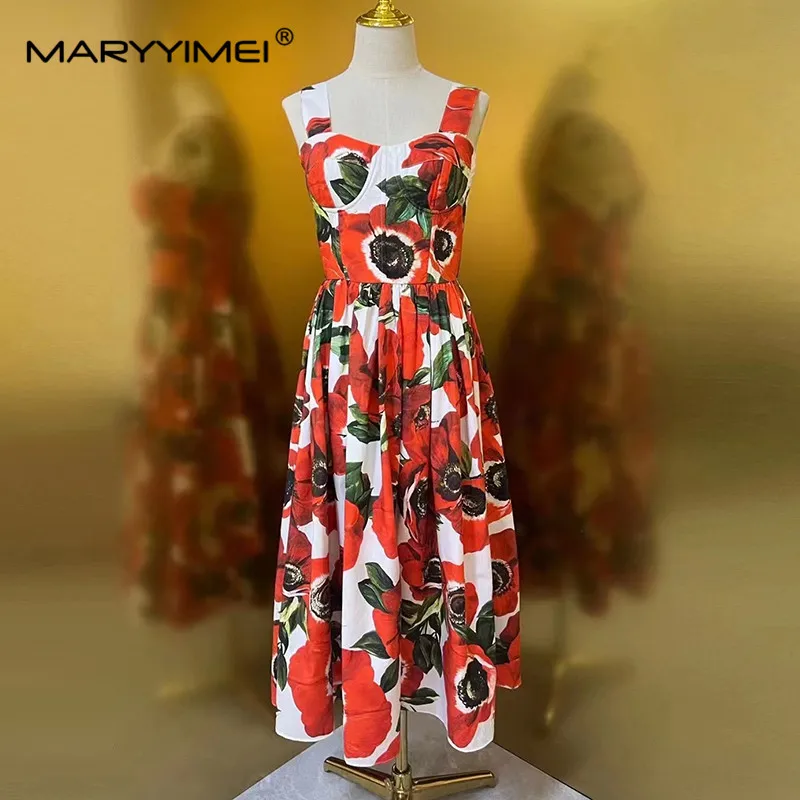 

MARYYIMEI Fashion Runway Designer Women's Square Neck Halter Sleeveless Print Patchwork Poplin Sexy Beach-Style Dress