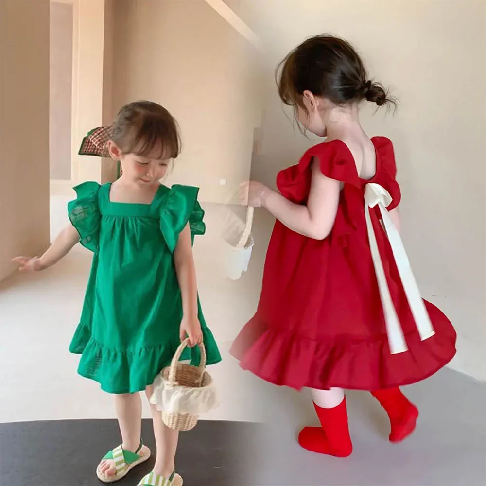 Solid Color Girl Princess Dress with Square Collar Flying Sleeves Pleated Edges Children's Casual Clothes Fashionable Summer