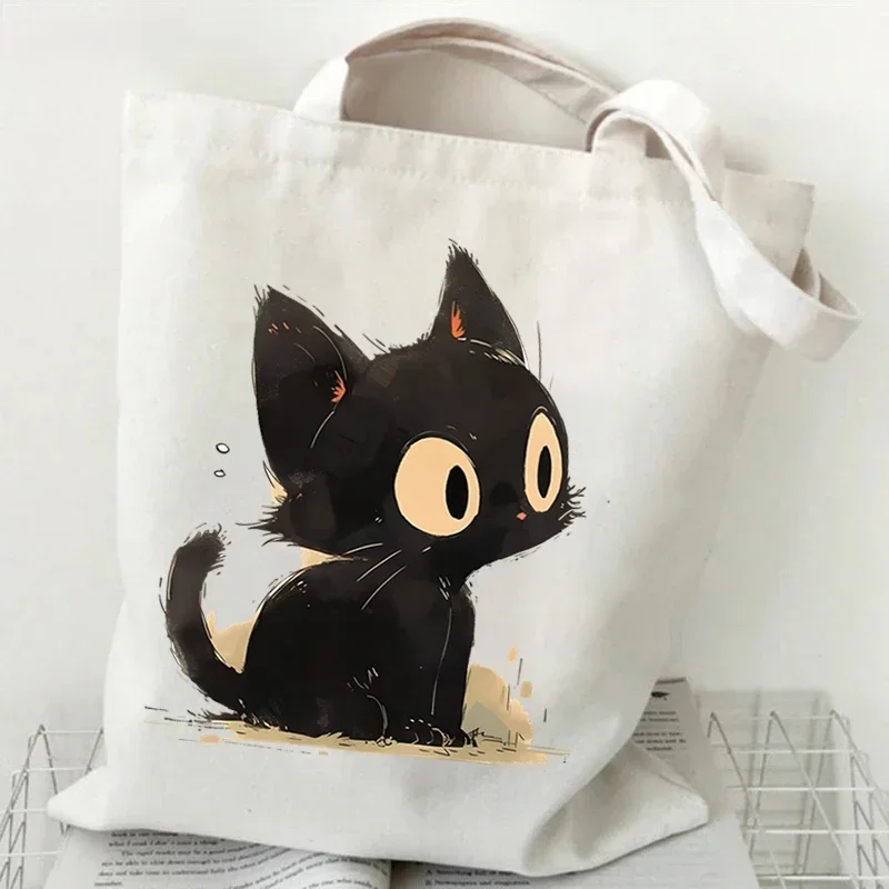 Canvas Tote Bag Anime Black Cat Print Shopping Bag Women Graphic Casual Fashion Teen Handbag Cartoon Kitten Side Bag for Ladies